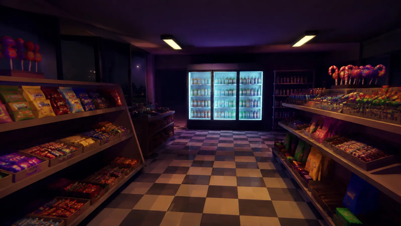 Sweet shop aisle at night
